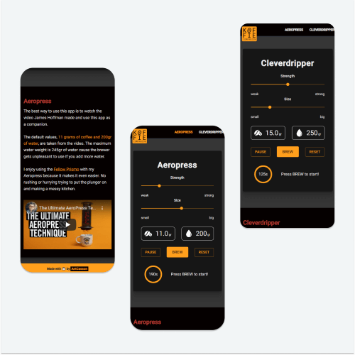 screenshots van koffie app voor aeropress en cleverdripper